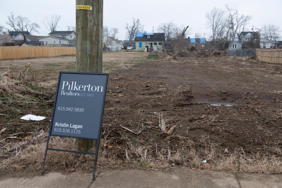 A homesite along is for sale Friday, Feb. 12, 2021 in Nashville, Tenn. Some property owners have decided to sell their property after a tornado ripped through the neighborhood in March 2020.