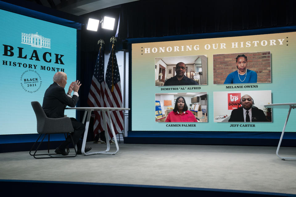 President Joe Biden speaks during a virtual roundtable with Black essential workers hosted by Domestic Policy Council director Susan Rice, in the South Court Auditorium on the White House campus, Tuesday, Feb. 23, 2021, in Washington. (AP Photo/Evan Vucci)