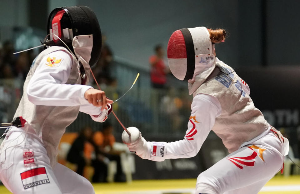 Amita Berthier in action (right) during the 2017 SEA Games. Photo: Eugene Lim/SportSG