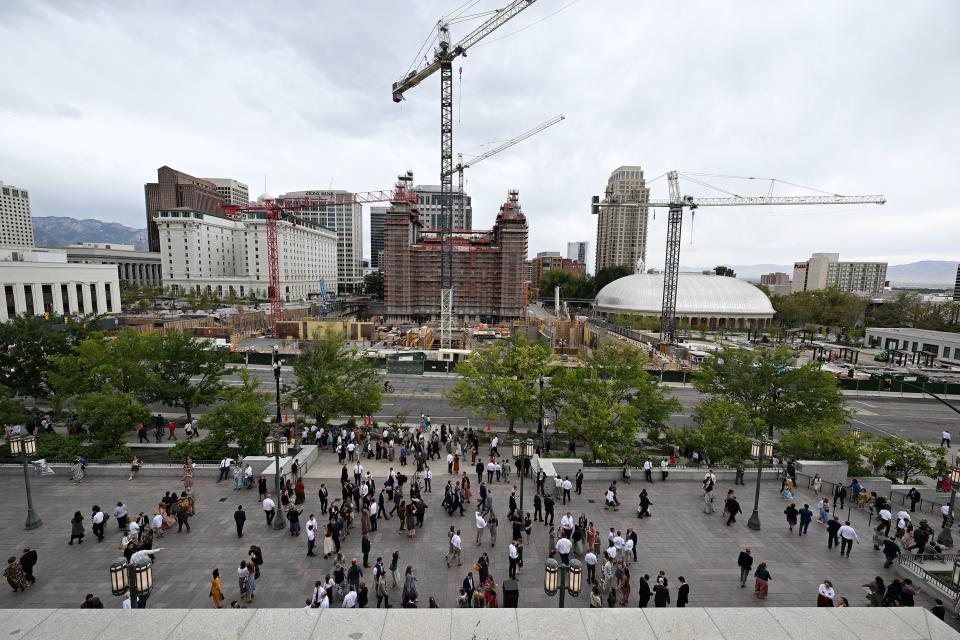 Conferencegoers exit after the Saturday afternoon session of the 193rd Semiannual General Conference of The Church of Jesus Christ of Latter-day Saints at the Conference Center in Salt Lake City on Saturday, Sept. 30, 2023. | Scott G Winterton, Deseret News