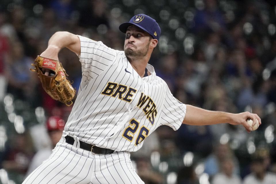 Milwaukee Brewers relief pitcher Aaron Ashby throws during the third inning of a baseball game against the St. Louis Cardinals Friday, Sept. 3, 2021, in Milwaukee. (AP Photo/Morry Gash)