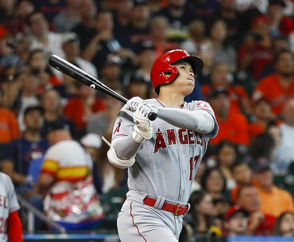 HOUSTON, TEXAS - JULY 01: Shohei Ohtani #17 of the Los Angeles Angels hits a home run in the first inning \a at Minute Maid Park on July 01, 2022 in Houston, Texas. (Photo by Bob Levey/Getty Images)