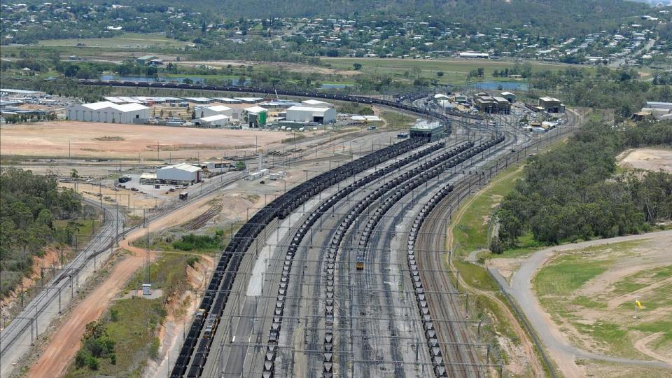 Coal trains and carriages make their way from the port in Gladstone