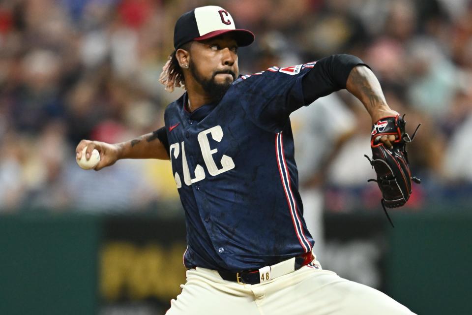 Cleveland Guardians closer Emmanuel Clase (48) throws a pitch during the ninth inning Friday against the Pittsburgh Pirates at Progressive Field.