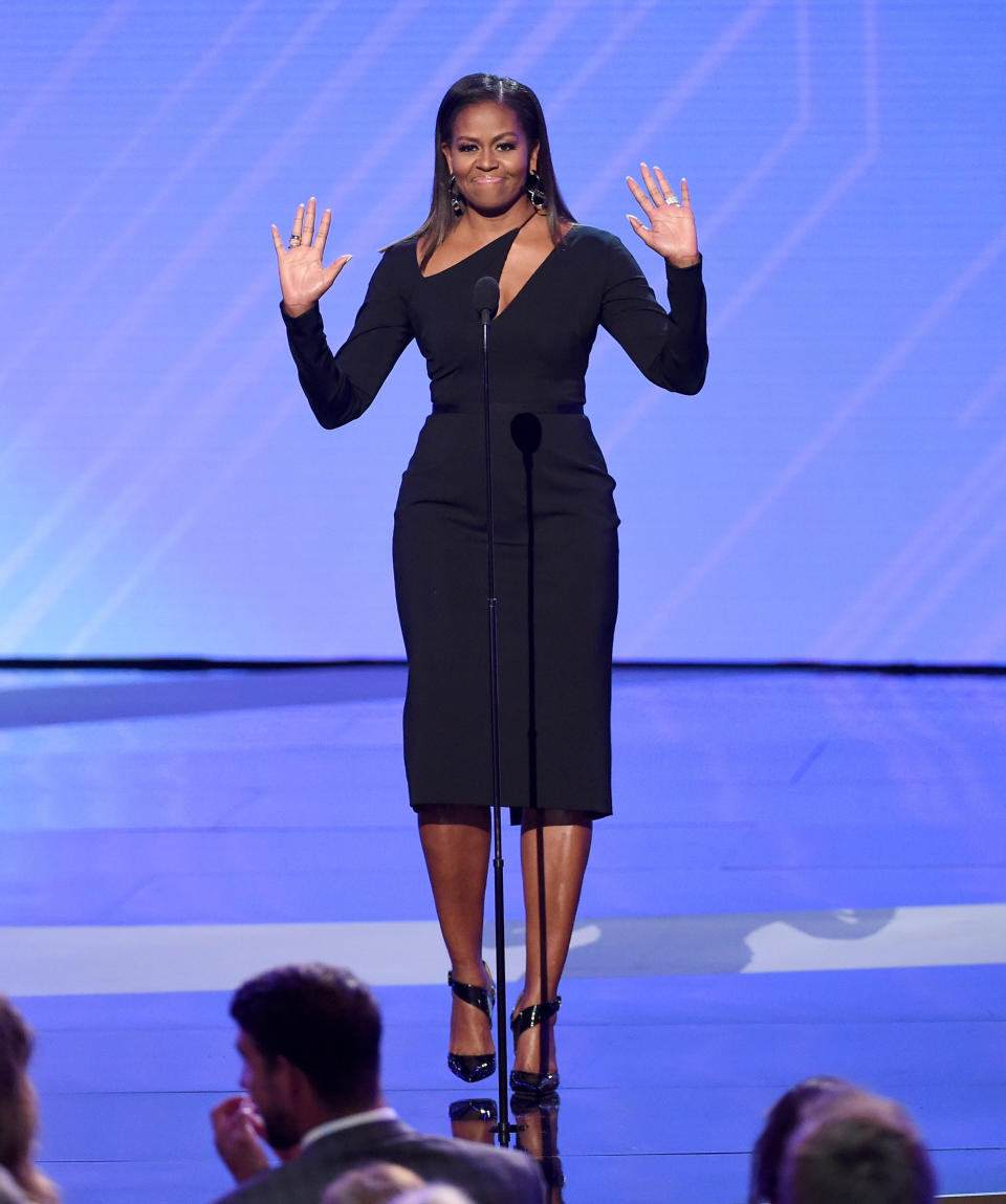 Last summer, Obama spoke&nbsp;onstage at The 2017 ESPY Awards in California wearing this sleek Cushnie et Ochs little black dress.