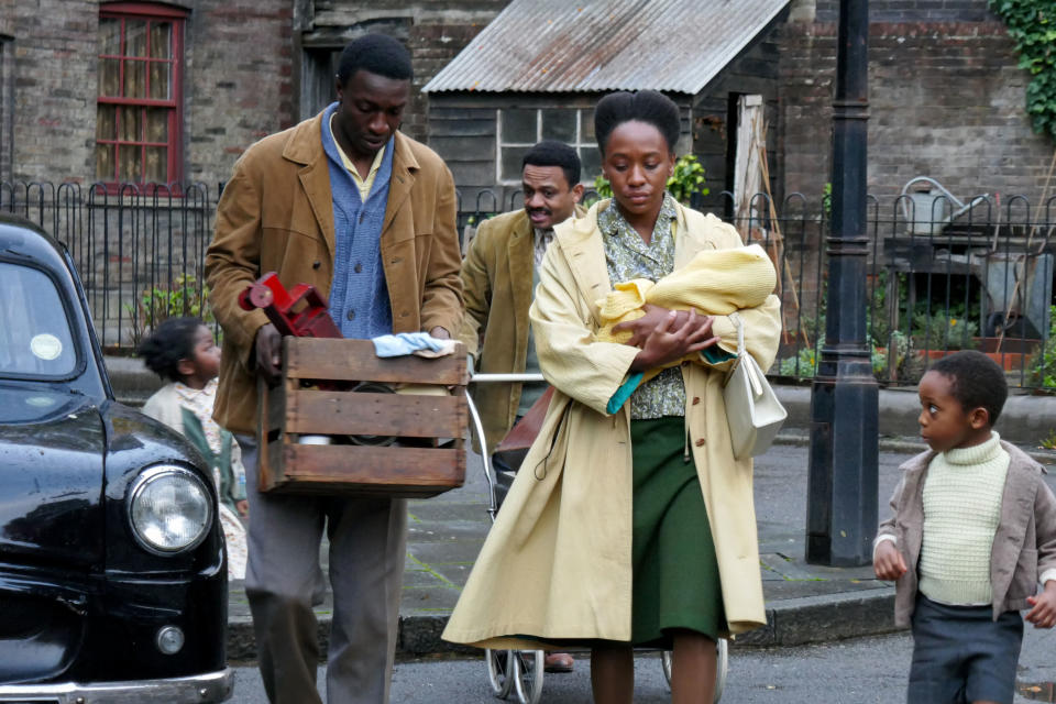 Call the Midwife's Cyril Robinson with Mr. Clarke and Mrs. Clarke. (BBC / Nealstreet Productions / Annie Tricklebank)