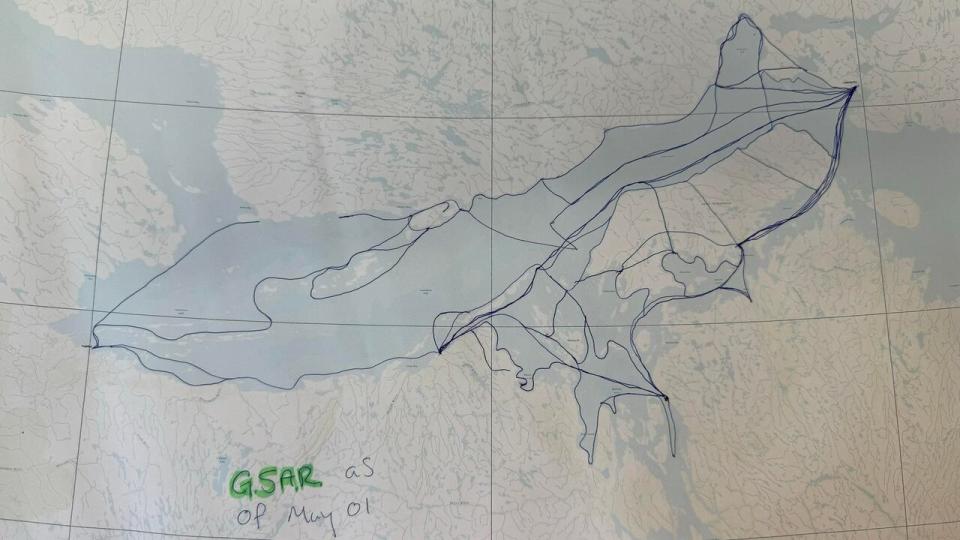 A map of area covered by ground searchers looking for the travellers from May 1. Pedersen says the searchers have doubled over all their ground and still not found Anavilok.