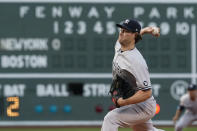 New York Yankees starting pitcher Gerrit Cole delivers to a Boston Red Sox batter during the first inning of a baseball game at Fenway Park, Friday, July 23, 2021, in Boston. (AP Photo/Elise Amendola)