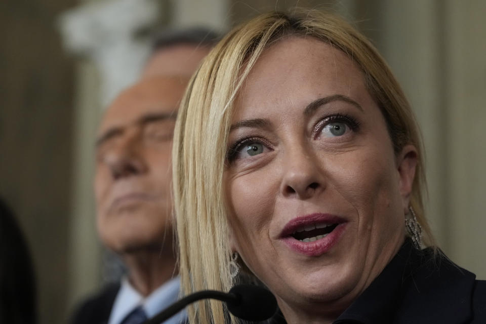 Brothers of Italy's leader Giorgia Meloni talks to the press at the Quirinale Presidential Palace after a meeting with Italian President Sergio Mattarella as part of a round of consultations with party leaders to try and form a new government, in Rome, Friday, Oct. 21, 2022. (AP Photo/Gregorio Borgia)