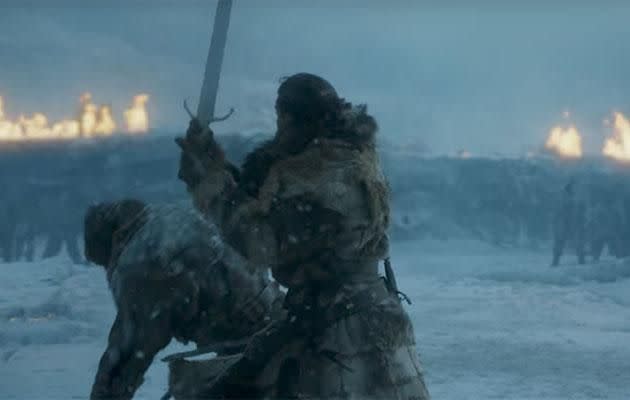 The trailer ends with Jon slaying a baddie. Source: HBO