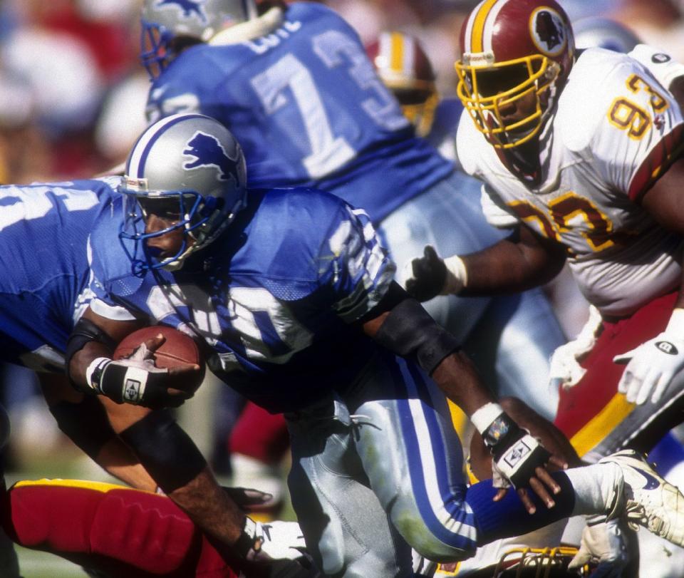 The Detroit Lions made the playoffs five times in Barry Sanders' Hall of Fame career, scoring their lone playoff win of the Super Bowl era in the 1991 playoffs, before getting blown out by Washington in the NFC title game. (Photo by Focus on Sport/Getty Images)