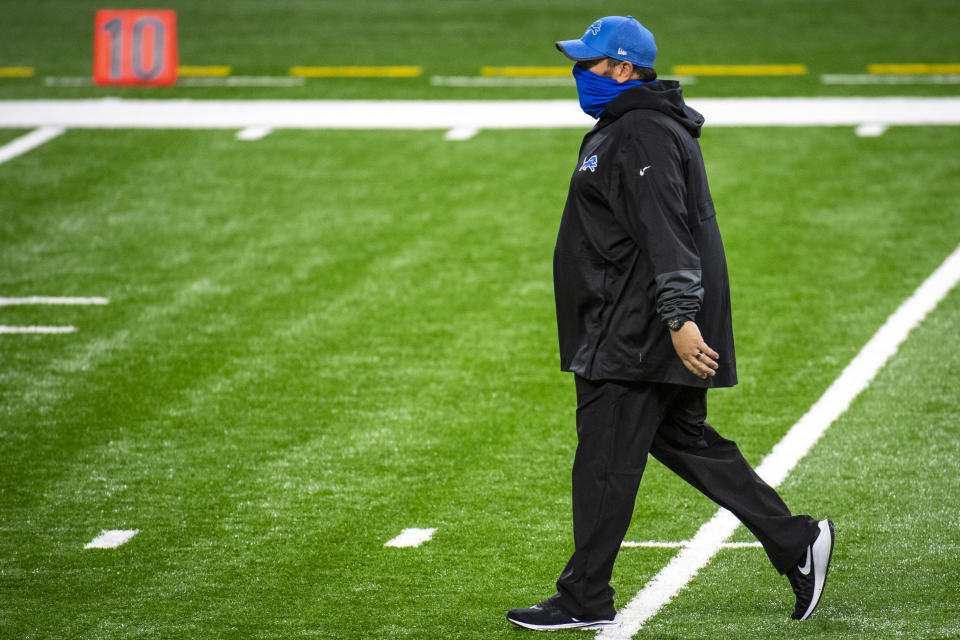 DETROIT, MI - OCTOBER 04: Head coach Matt Patricia of the Detroit Lions looks on before the first quarter against the New Orleans Saints at Ford Field on October 4, 2020 in Detroit, Michigan. (Photo by Nic Antaya/Getty Images)