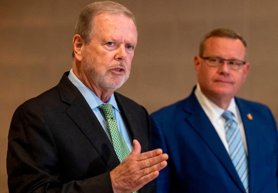 Senate President Pro Tempore Phil Berger, and House Speaker Tim Moore announce they have reached a deal on the state budget during a press briefing on Tuesday, September 19. 2023 in Raleigh, N.C. The compromised budget will not include casino legislation but will include Medicaid expansion. Robert Willett/rwillett@newsobserver.com