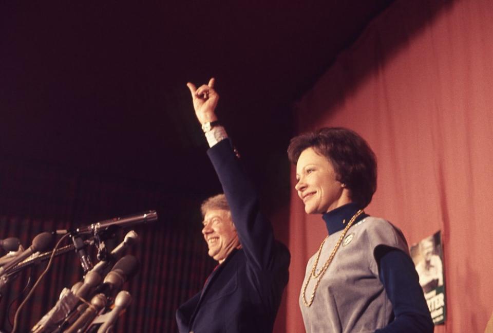 Then presidential candidate Jimmy Carter and his wife, Rosalynn Carter, celebrate victory in the New Hampshire Democratic Primary election, on Feb. 24, 1976.<span class="copyright">Mikki Ansin—Getty Images</span>