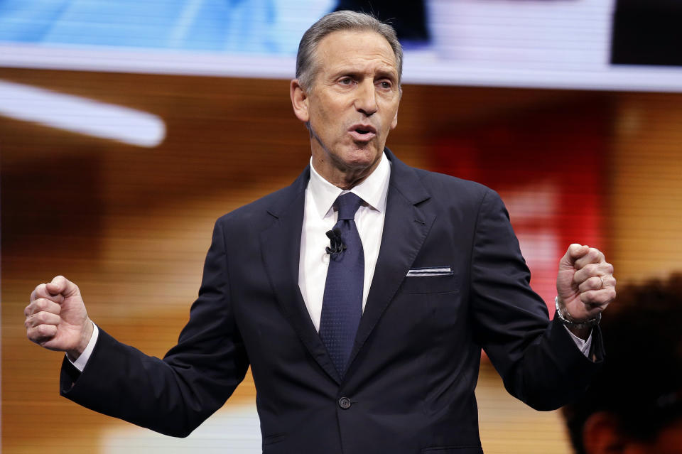 FILE - In this March 22, 2017, file photo, Starbucks CEO Howard Schultz speaks at the Starbucks annual shareholders meeting in Seattle. Schultz has told employees at an employee following the violence at the Aug. 12, 2017, white nationalist rally in Charlottesville, Virginia, that bigotry, hatred and senseless acts of violence against “people who are not white” cannot stand. (AP Photo/Elaine Thompson, File)