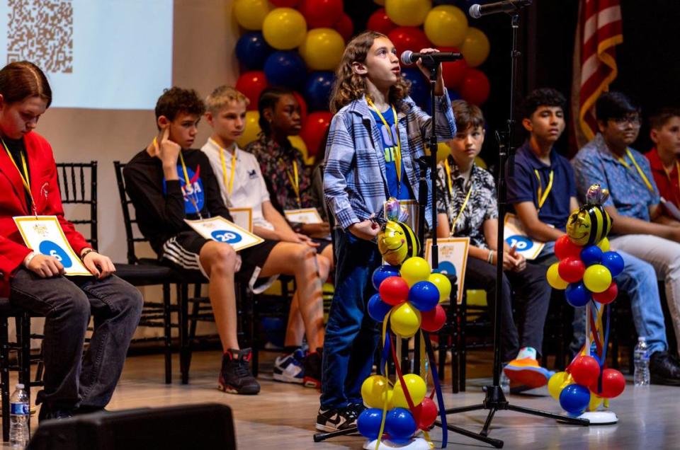 Lancaster Gramer from Franklin Academy Charter spells a word during the 3rd round of the Miami Herald Broward County Spelling Bee at NSU Art Museum in Fort Lauderdale, Florida on Thursday, March 7, 2024. D.A. Varela/dvarela@miamiherald.com