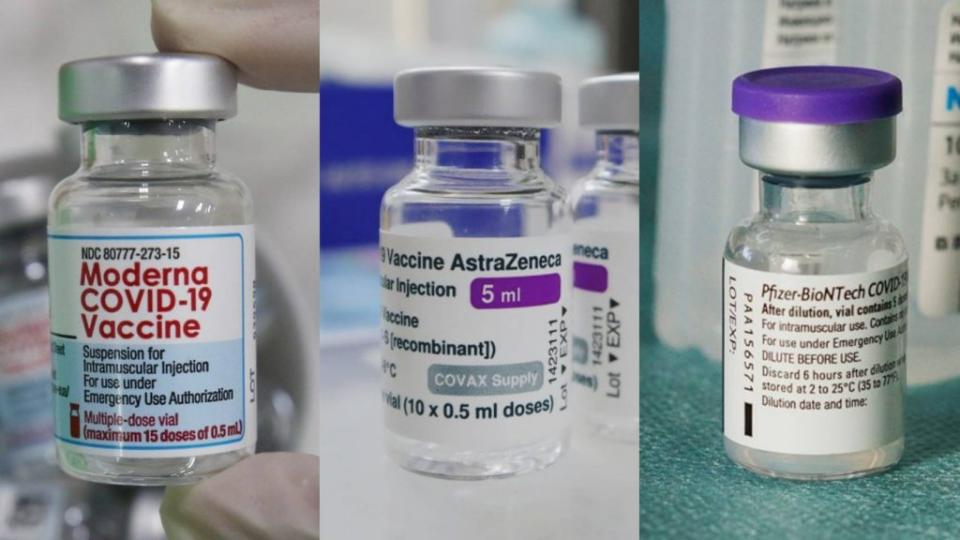 國際三大疫苗，由左至右是，莫德納、AZ、BNT。（圖／翻攝自中央社；Pixabay圖庫）