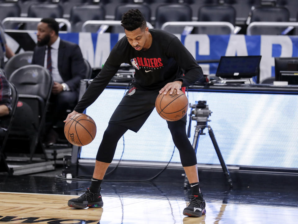 ORLANDO, FL - MARCH 2: C.J. McCollum #3 of the Portland Trail Blazers warms up before the game against the Orlando Magic at the Amway Center on March 2, 2020 in Orlando, Florida. NOTE TO USER: User expressly acknowledges and agrees that, by downloading and or using this photograph, User is consenting to the terms and conditions of the Getty Images License Agreement. (Photo by Don Juan Moore/Getty Images)