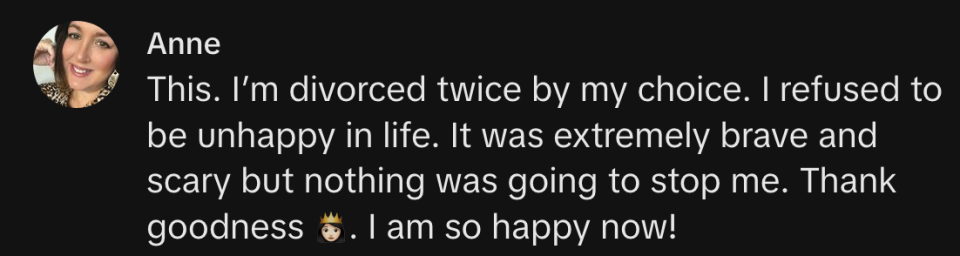 Text post by Anne discussing her choice to divorce twice for happiness, expressing bravery and current happiness