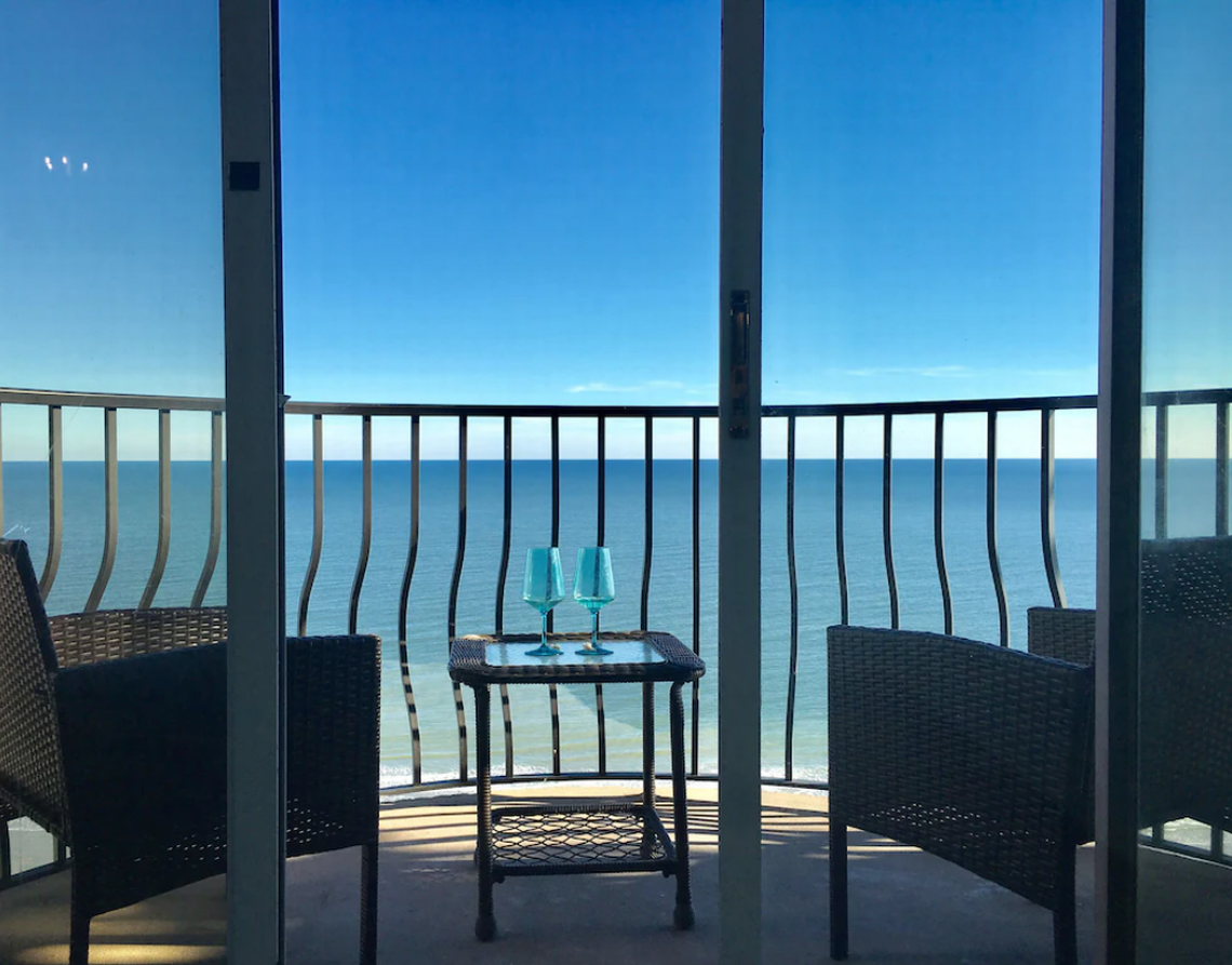 Balcony at Salt Therapy penthouse in Central Myrtle Beach. Screenshot of listing. January 5, 2022.