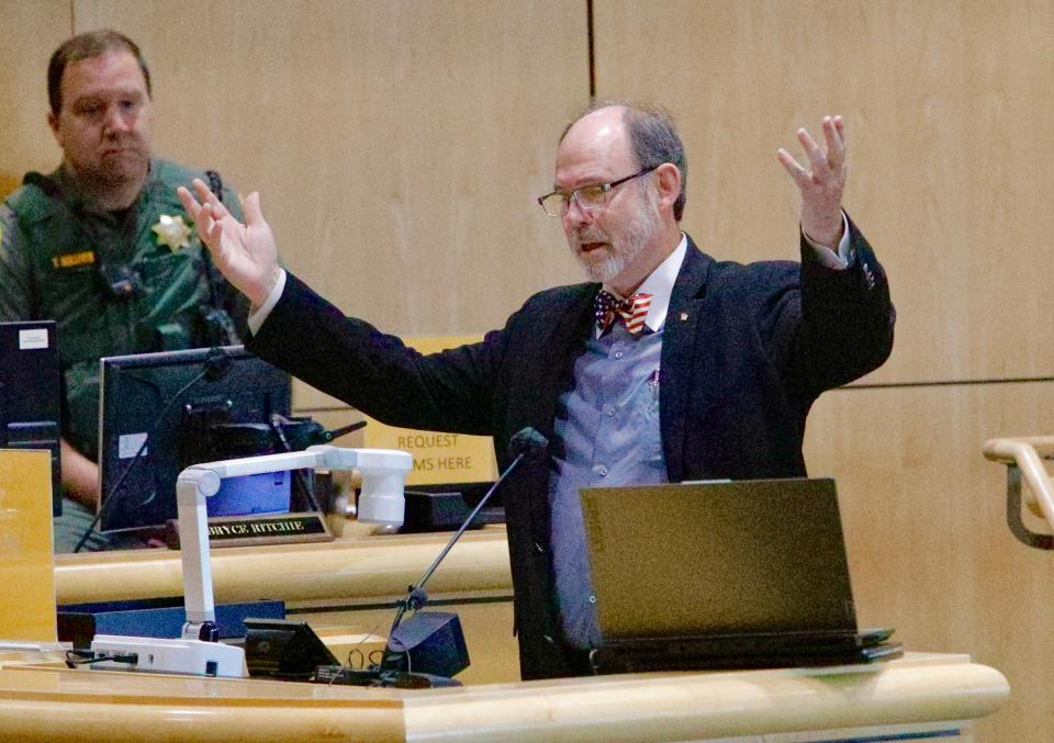 Douglas Frank, a prominent promoter of conspiracy theories related to the 2020 election, speaks to the Shasta County Board of Supervisors on Tuesday, Sept. 13, 2022. Frank's theories have been debunked by various media sources and at least one state oversight committee.