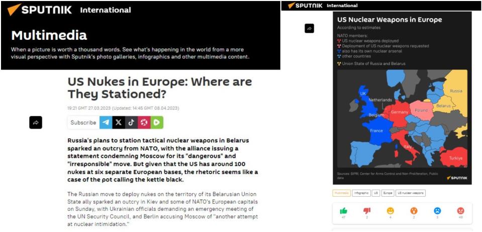 <span>Screenshots des Sputnik-Artikels (links) und der Grafik, die in sozialen Medien mit irreführenden Behauptungen geteilt wird (rechts): 13. Juni 2024</span>