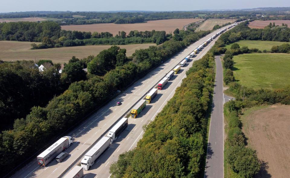 Lorries queue for the Port of Dover along the M20 near Ashford in Kent as security checks are being carried out at the port amid an ongoing effort to track down escaped terrorism suspect, Daniel Abed Khalife. Picture date: Thursday September 7, 2023.