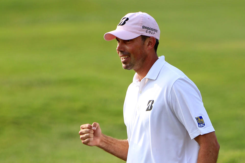 PONTE VEDRA BEACH, FL - MAY 13: Matt Kuchar of the United States celebrates his putt for birdie on the 16th hole during the final round of THE PLAYERS Championship held at THE PLAYERS Stadium course at TPC Sawgrass on May 13, 2012 in Ponte Vedra Beach, Florida. (Photo by Sam Greenwood/Getty Images)