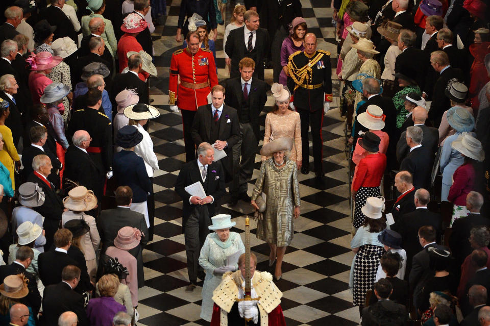 LONDON, ENGLAND - JUNE 05:  Queen Elizabeth II, accompanied by Prince Charles, Prince of Wales, Prince William, Duke of Cambridge, Camilla, Duchess of Cornwall, Catherine, Duchess of Cambridge and Prince Harry, depart St Paul’s Cathedral following the service of thanksgiving on June 5, 2012 in London, England. For only the second time in its history the UK celebrates the Diamond Jubilee of a monarch. Her Majesty Queen Elizabeth II celebrates the 60th anniversary of her ascension to the throne. Thousands of wellwishers from around the world have flocked to London to witness the spectacle of the weekend's celebrations. (Photo by Jeff J Mitchell - WPA Pool /Getty Images)