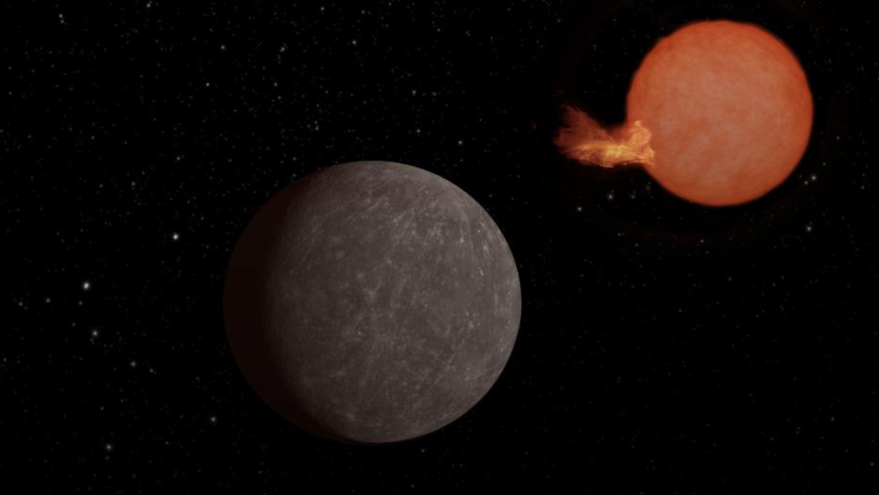  A gray exoplanet in space near a red dwarf star toward the top right. A flare erupts off the star. 