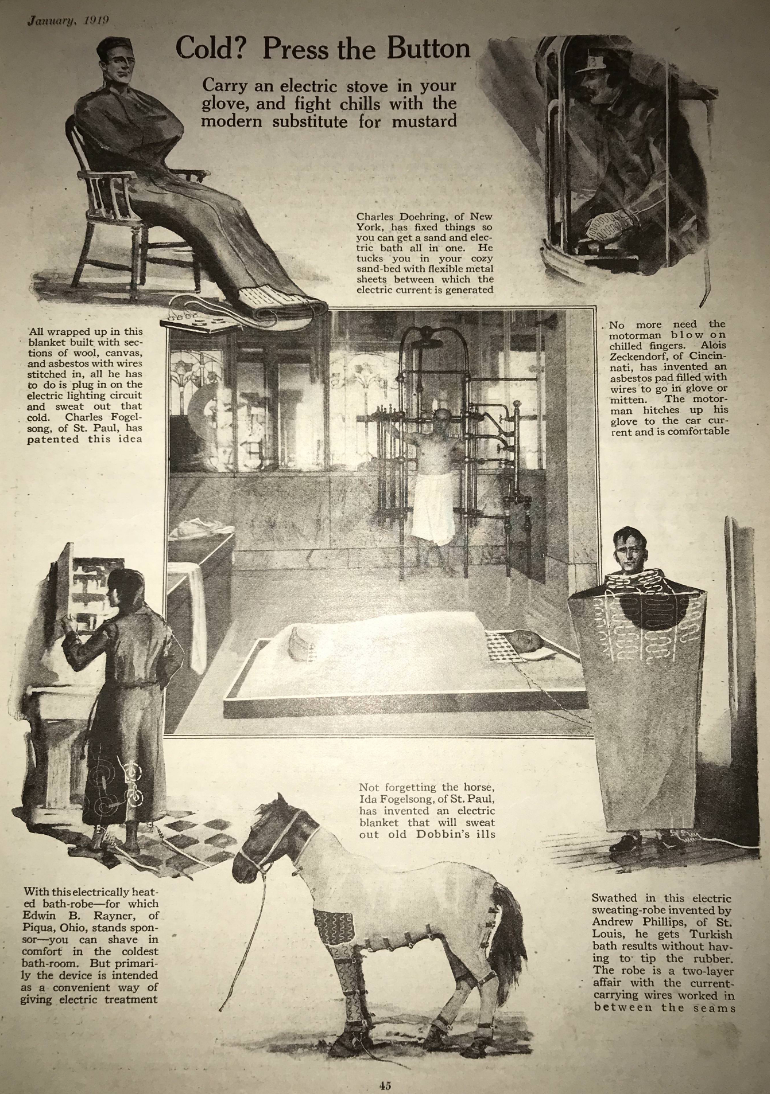 Advertisement from a 1919 magazine promoting an electric glove stove as a remedy for chills. Various individuals are shown using the device in different settings