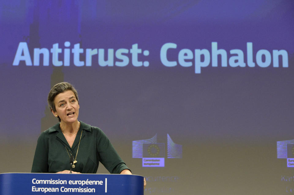 European Executive Vice- President Margrethe Vestager speaks during a media conference regarding an antitrust case at EU headquarters in Brussels, Thursday, Nov. 26, 2020. The European Union has fined two pharmaceutical companies for colluding to keep a cheap alternative to a sleep disorder medicine off the market for their profit and at the expense of patients. (Johanna Geron, Pool via AP)