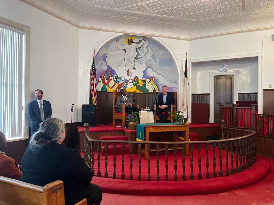 Doug Emhoff, the husband of Vice President Kamala Harris, and state Rep. Michael Rivers prepare to speak at Old Grace Chapel A.M.E. Church at 502 Charles Street in Beaufort Thursday.