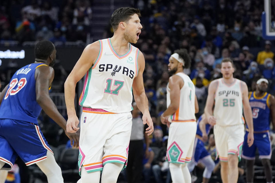 San Antonio Spurs forward Doug McDermott (17) reacts after scoring against the Golden State Warriors during the second half of an NBA basketball game in San Francisco, Saturday, Dec. 4, 2021. (AP Photo/Jeff Chiu)