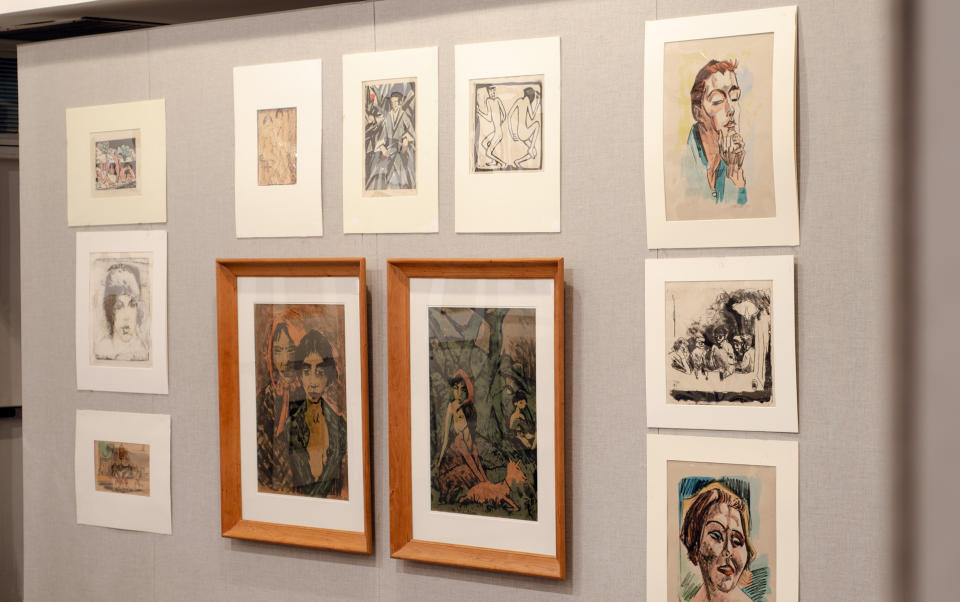 In this undated photo art is displayed that is going up for auction at Swann Auction Galleries in New York that were once part of a 6,000-piece collection amassed by a Jewish attorney in Germany before pieces were scattered and lost as the Nazis took over. The works collected by Ismar Littmann being offered Tuesday, March 5, 2019, at Swann are mostly drawings, etchings and lithographs. They were among pieces brought out of Germany before World War II by Littmann's son, who eventually settled in Texas. (Lauren Kristin/Swan Auction Galleries via AP)