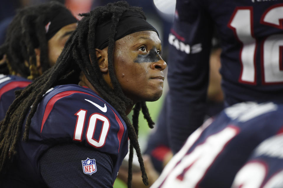 Texans wide receiver DeAndre Hopkins reportedly left the Texans' facility after insensitive comments by Texans owner Bob McNair came to light. (AP)