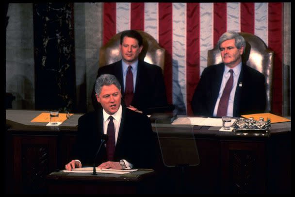 PHOTO: Pres. Bill Clinton delivering his State of Union address, framed by VP Al Gore (L) & House Speaker Newt Gingrich, on Capitol Hill in Washington, D.C. on Jan. 23, 1996. (Diana Walker/Getty Images, FILE)