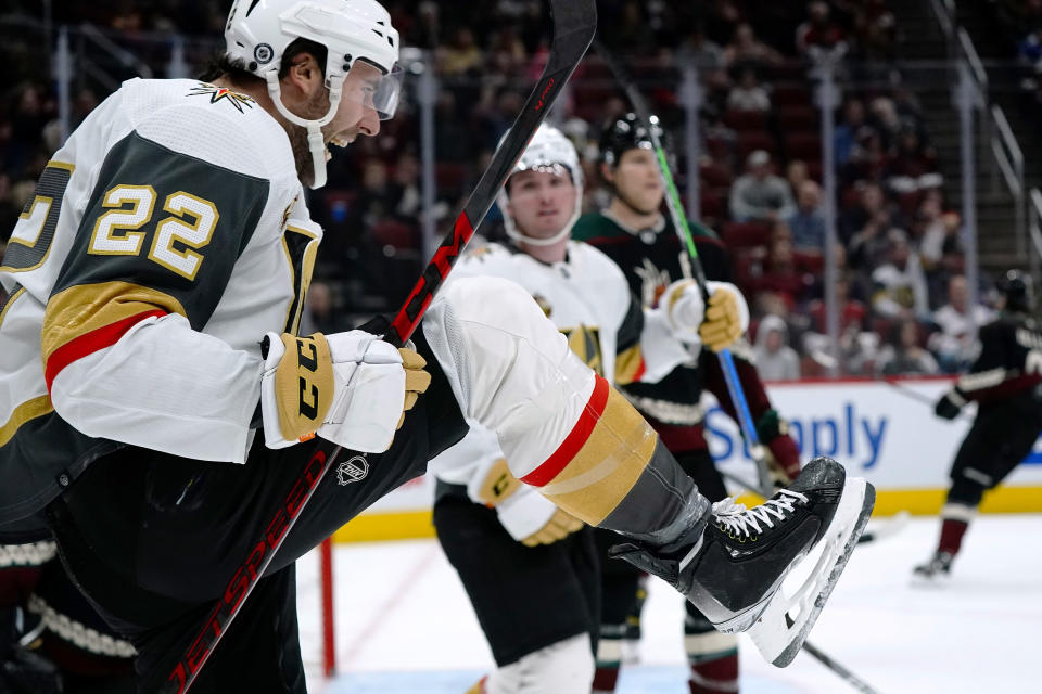 Vegas Golden Knights center Michael Amadio (22) celebrates his goal against the Arizona Coyotes during the second period of an NHL hockey game Friday, Dec. 3, 2021, in Glendale, Ariz. (AP Photo/Ross D. Franklin)