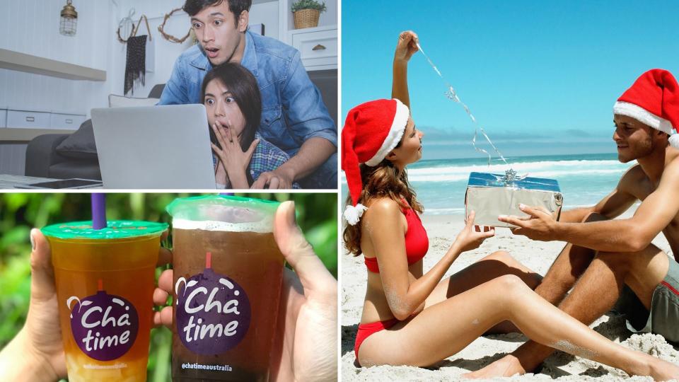 A shocked couple looking at computer, a couple opening presents on a beach and Chatime bubble tea. 