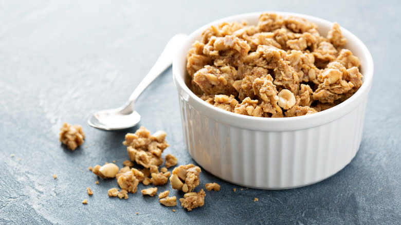 Clustered granola pieces in bowl