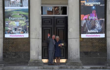 Britain's Prince Charles and Camilla, Duchess of Cornwall, stand on the steps of the Guildhall during a visit to Salisbury in southwest Britain, June 22, 2018. REUTERS/Toby Melville