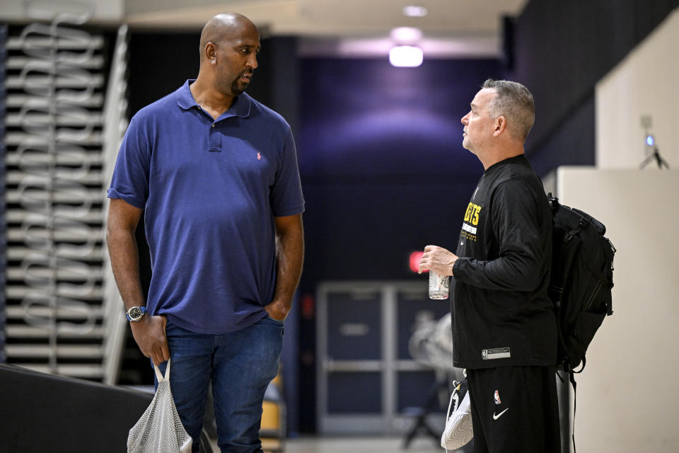 LA JOLLA, CA - SEPTEMBER 29: Denver Nuggets head coach Michael Malone and general manager Calvin Booth speak during the teams training camp at the UCSD campus in La Jolla, California on Thursday, September 28, 2022. (Photo by AAron Ontiveroz/MediaNews Group/The Denver Post via Getty Images)