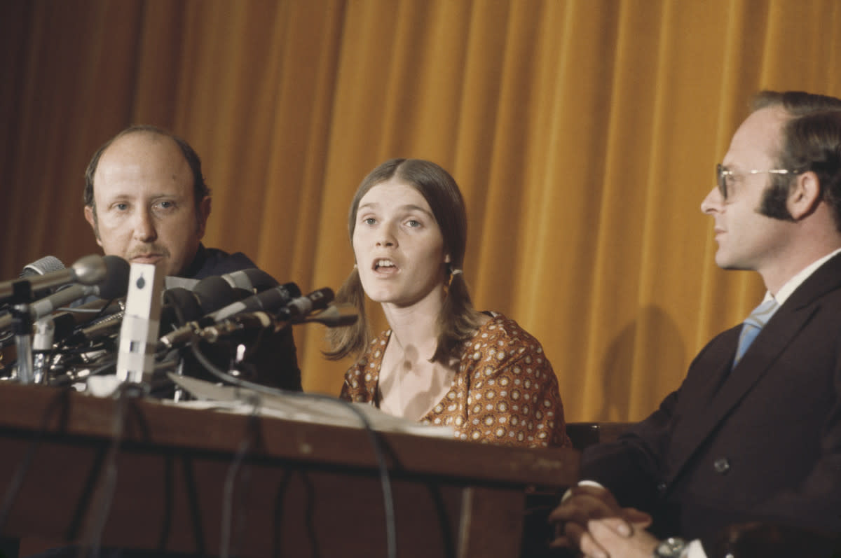 Manson family member Linda Kasabian, star witness in the Sharon Tate and LaBianca murder trial, at a press conference in Los Angeles on August 19, 1970.<p>Michael Ochs Archives/Getty Images</p>