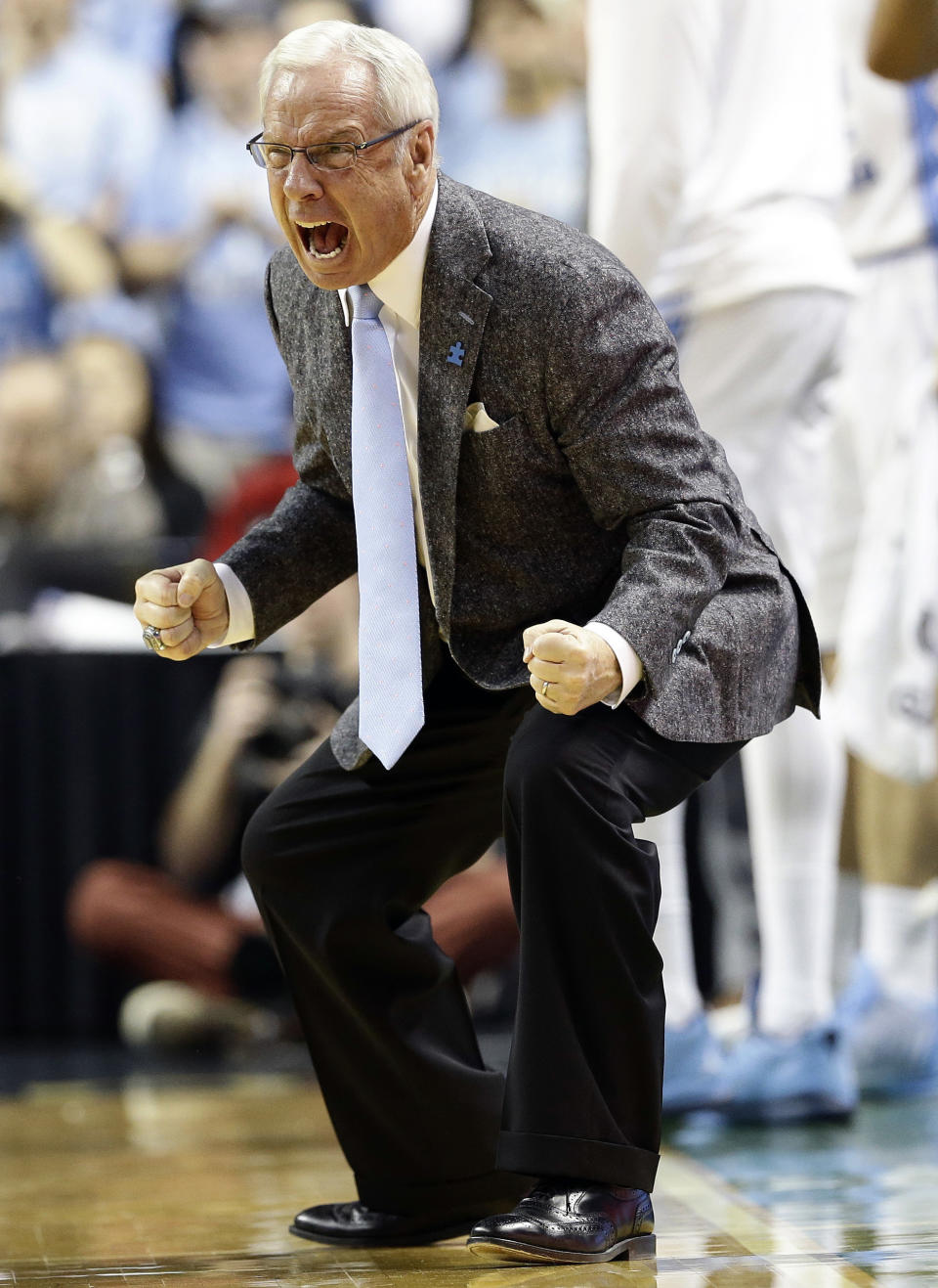 FILE - North Carolina head coach Roy Williams reacts during the second half of an NCAA college basketball game against Notre Dame in Greensboro, N.C., Sunday, Feb. 5, 2017. Roy Williams and Jim Calhoun will join John Beilein and Lon Kruger in a star-studded cast of coaches who will be inducted into the National College Basketball Hall of Fame in November. (AP Photo/Gerry Broome, File)