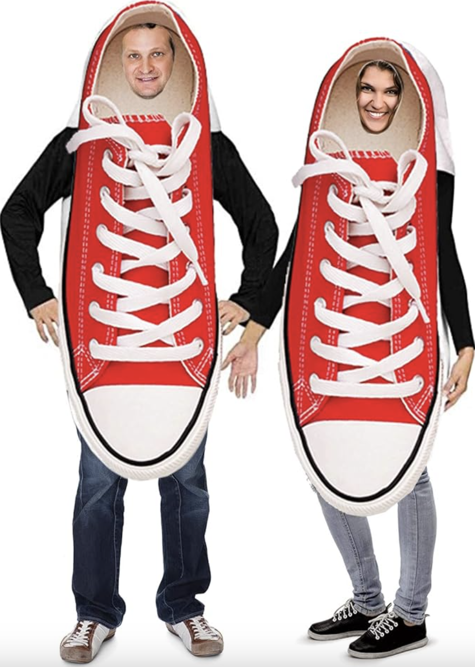 man and woman wearing red sneaker halloween couples costume, Novelty Sneaker Costume (Photo via Amazon)