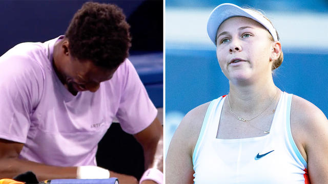 Gael Monfils in pain after retiring at the Miami Open and Amanda Anisimova reacts during a match.
