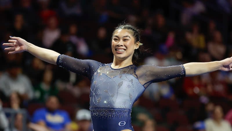 California's Mya Lauzon competes on the floor exercise during an NCAA gymnastics meet on Saturday, Jan. 6, 2024 in Las Vegas.