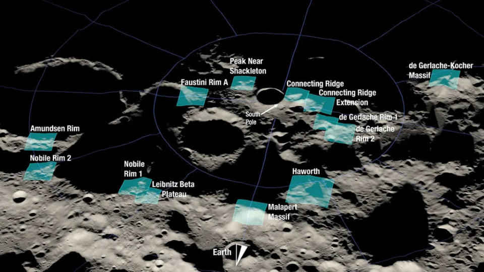 Os licais de pouso para a Artemis III são todos próximos a fontes de gelo no polo sul lunar. (Imagem: Reprodução / NASA)