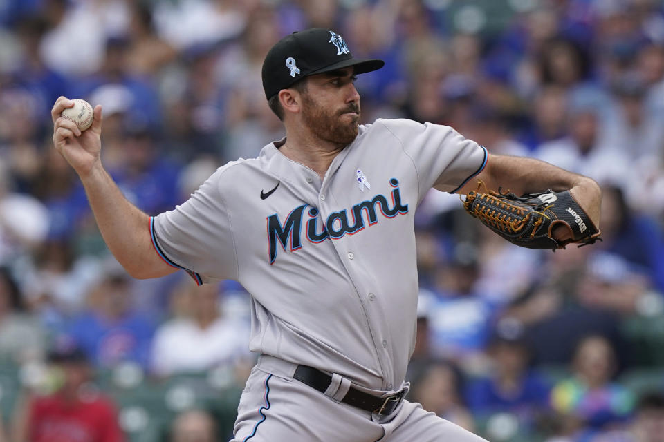 Miami Marlins starting pitcher Zach Thompson throws against the Chicago Cubs during the first inning of a baseball game in Chicago, Sunday, June 20, 2021. (AP Photo/Nam Y. Huh)