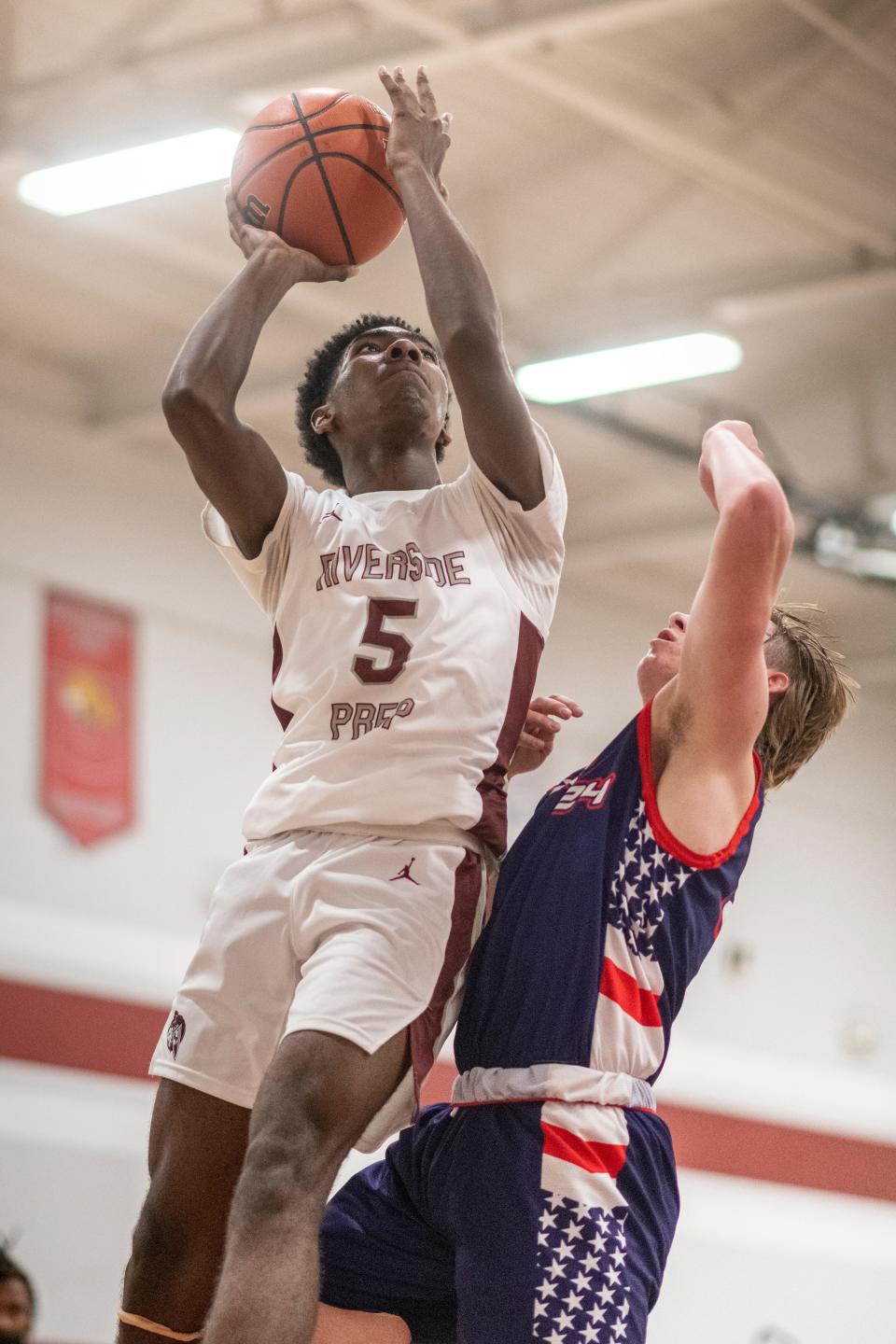 Riverside Prep's James Robinson shoots the ball against Temecula Prep during the quarterfinals of the CIF-Southern Section Division 5A playoffs in Oro Grande on Friday, Feb. 18, 2022. Riverside Prep won 72-48.